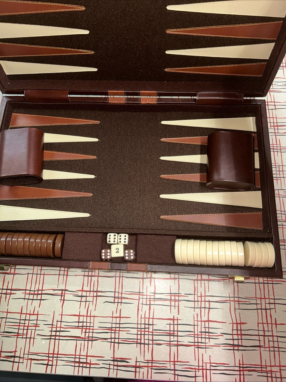 Vintage Backgammon Set Large Brown Faux Leather Case Board Game, *Complete*